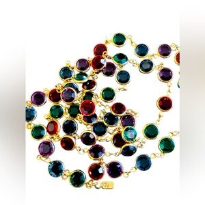 Signed Swarovski Necklace 34” Gold Plated Bezel Set Jewel Color Crystals